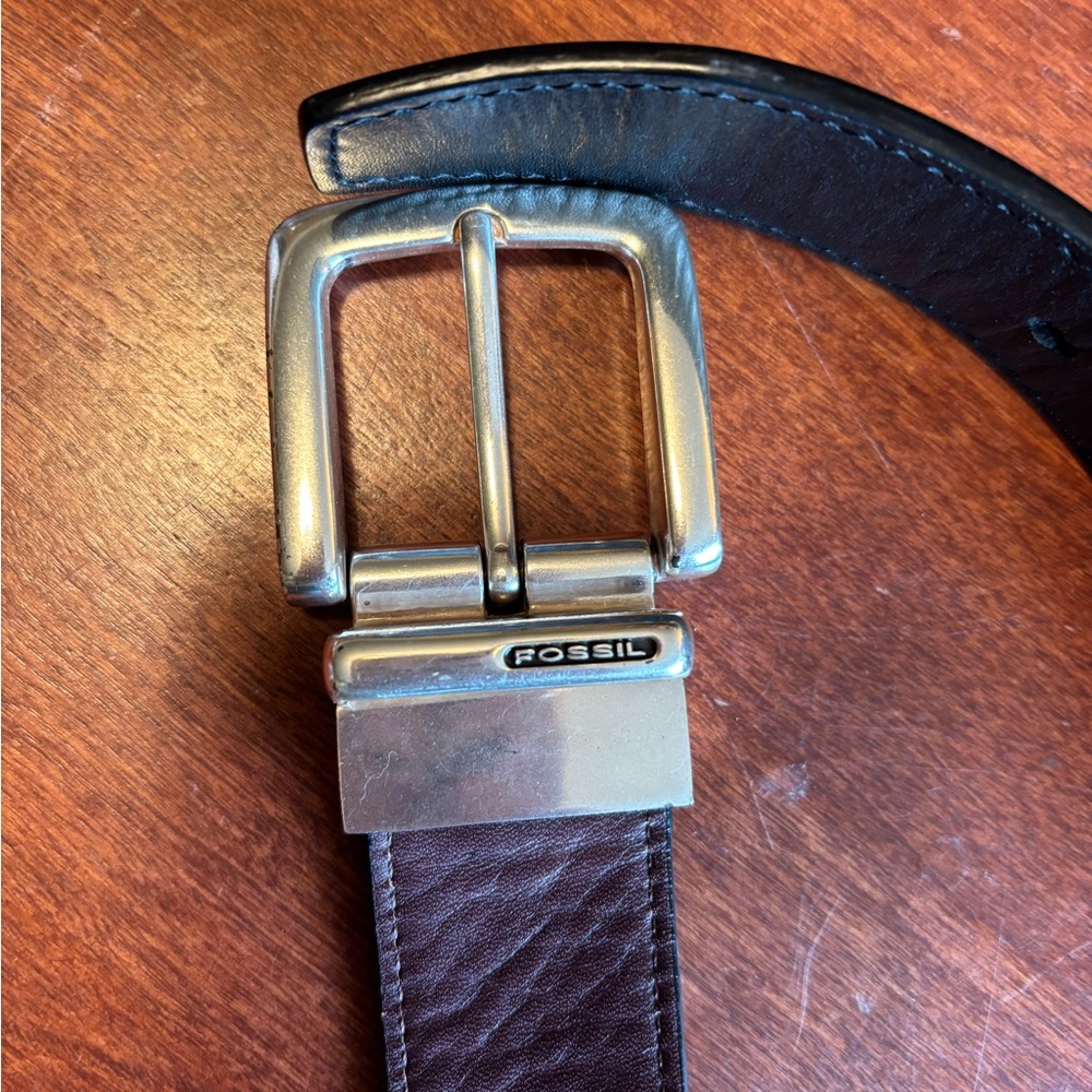 FOSSIL Black and Brown Leather Belt with Silvertone Buckle